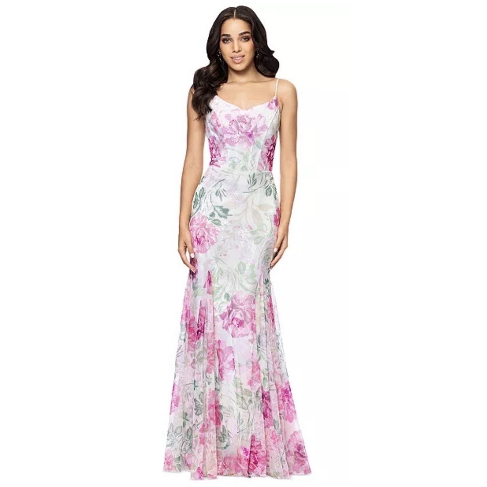 New Betsy & Adam Sequin Floral Sleeveless Gown Size 14 $279 Corset